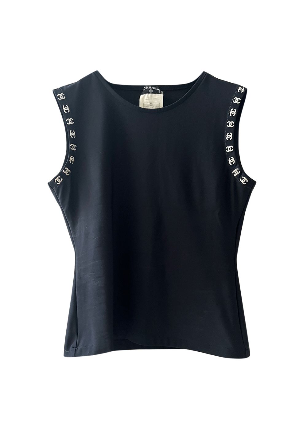 Preowned Chanel Black CC Trim Tank Top Size M stretchy nylon