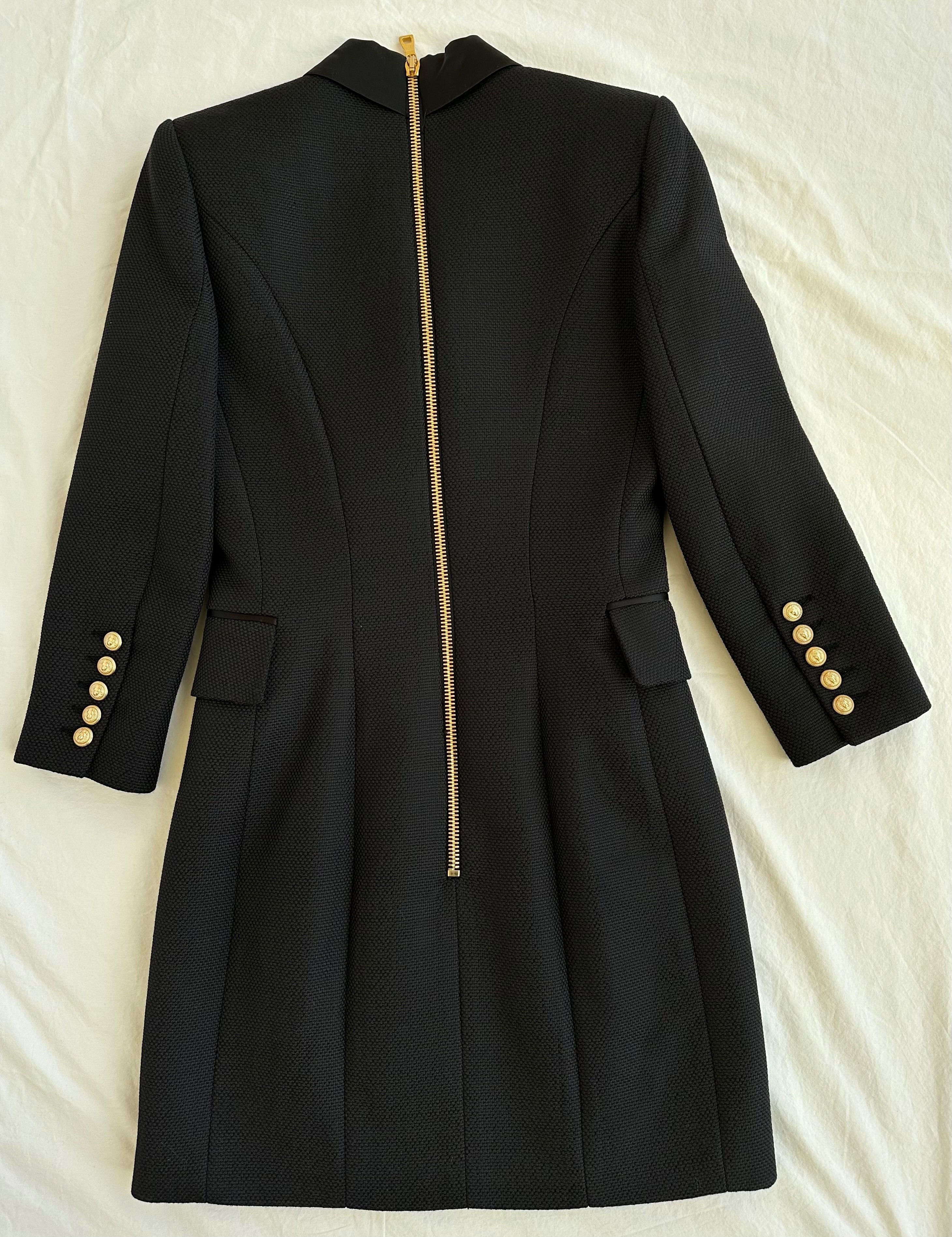 Preowned Balmain Black Tuxedo Dress with Gold Button Detail Size XS silk