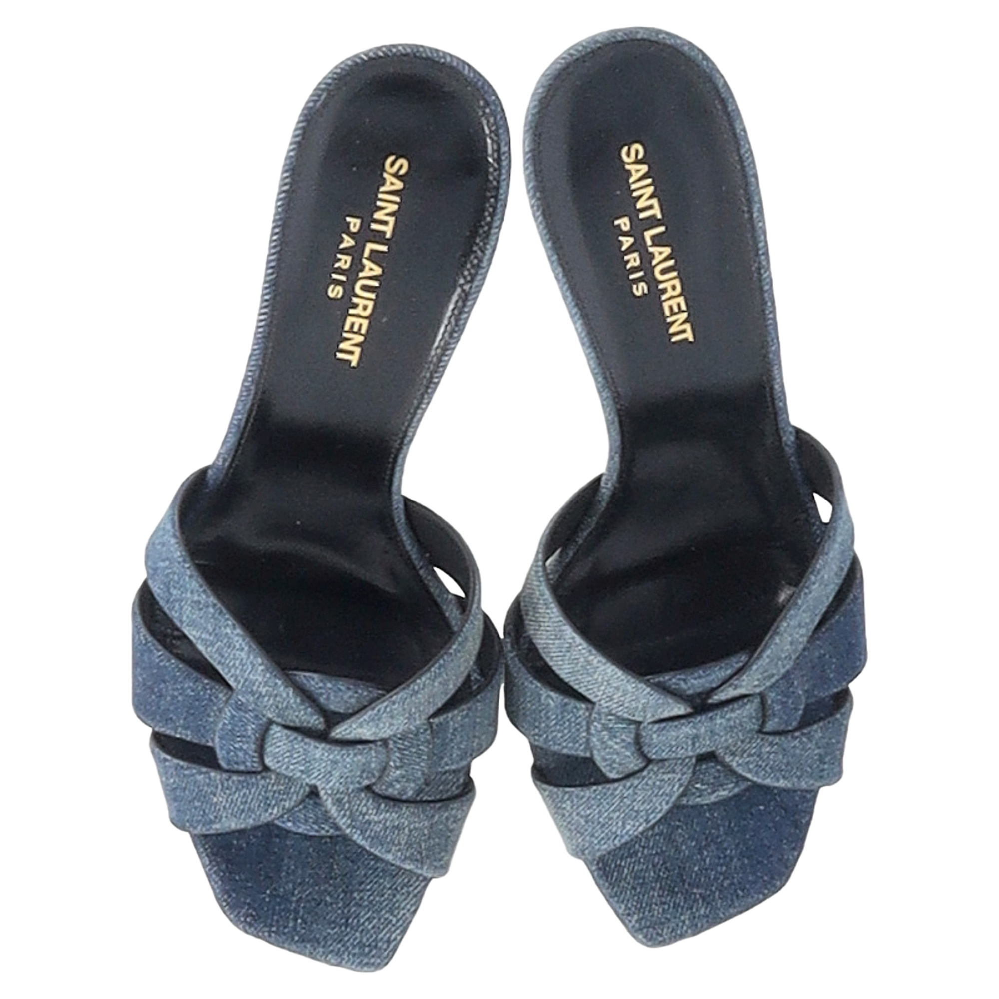 Preowned Saint Laurent Denim Tribute Heeled Mules Size 40 blue | blue cotton/cotton denim