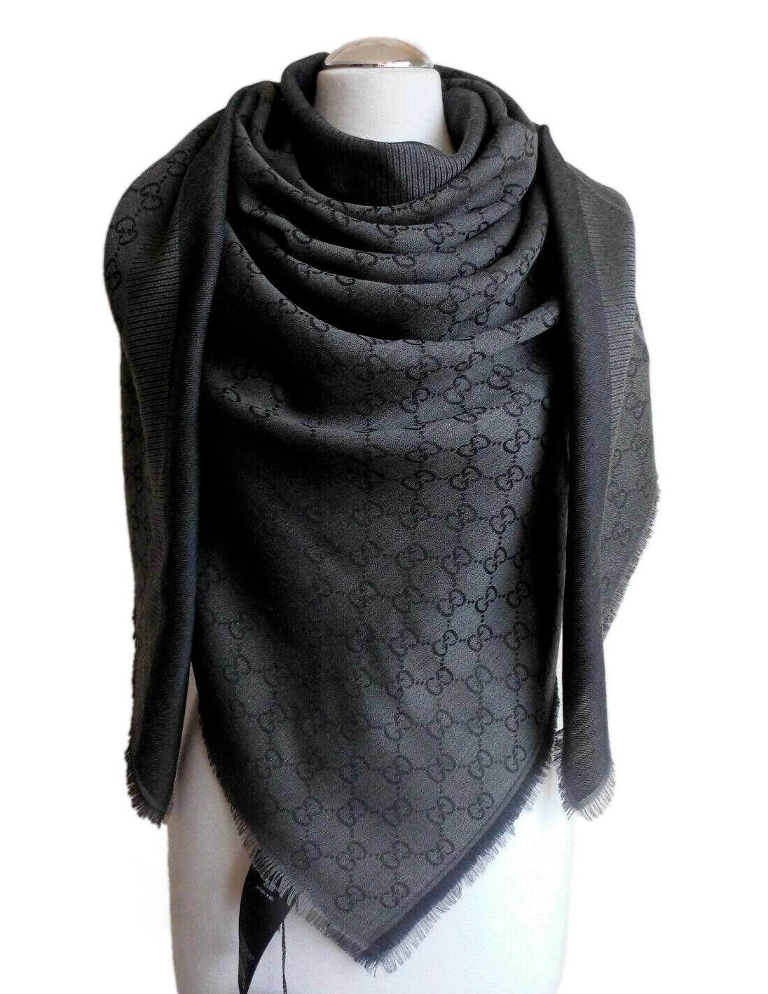 Gucci Charcoal Grey Monogram Shawl grey antracite wool/and/silk