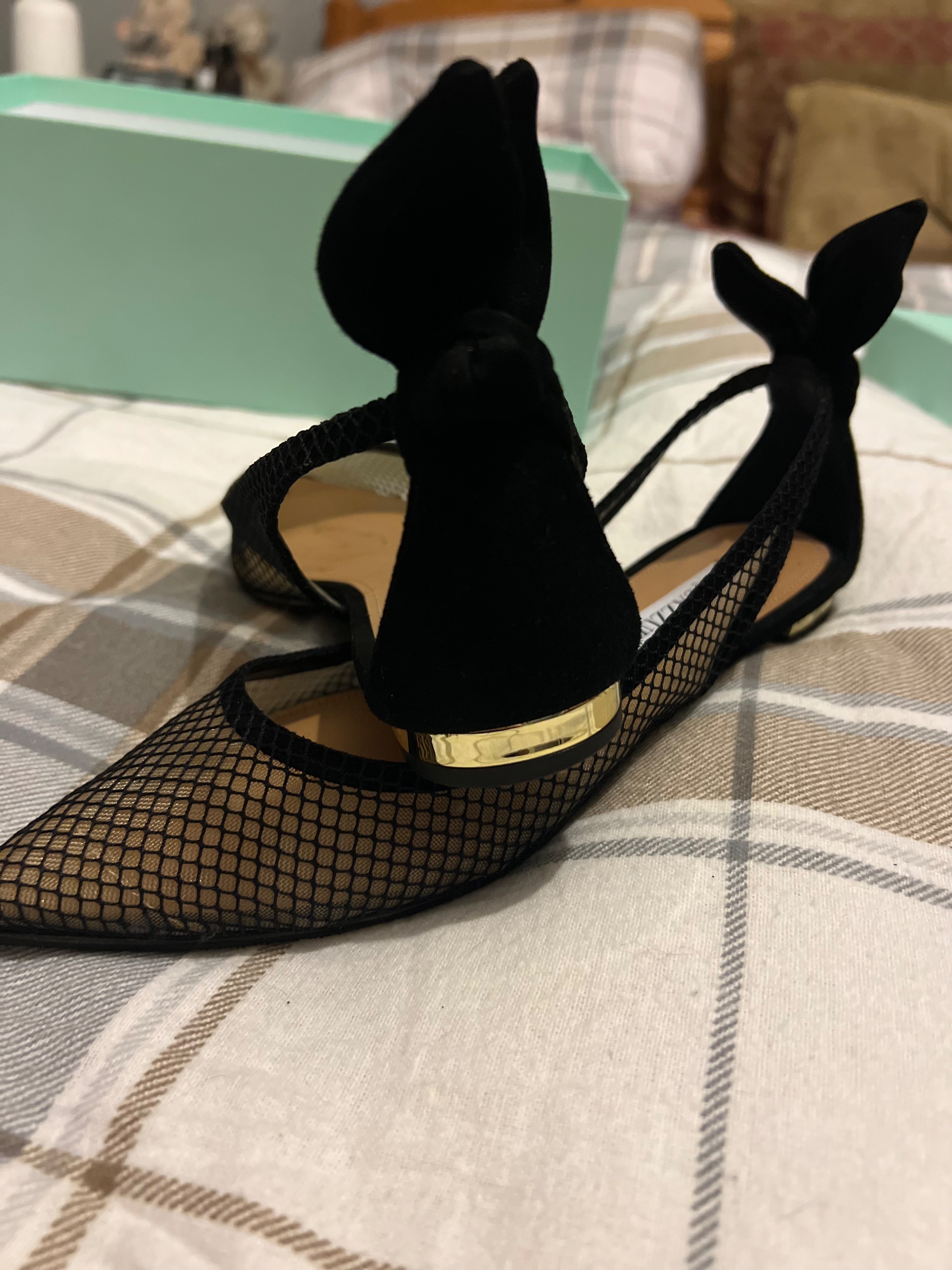 Preowned Aquazzura Black Mesh Bow Detail Flats Size 37 leather