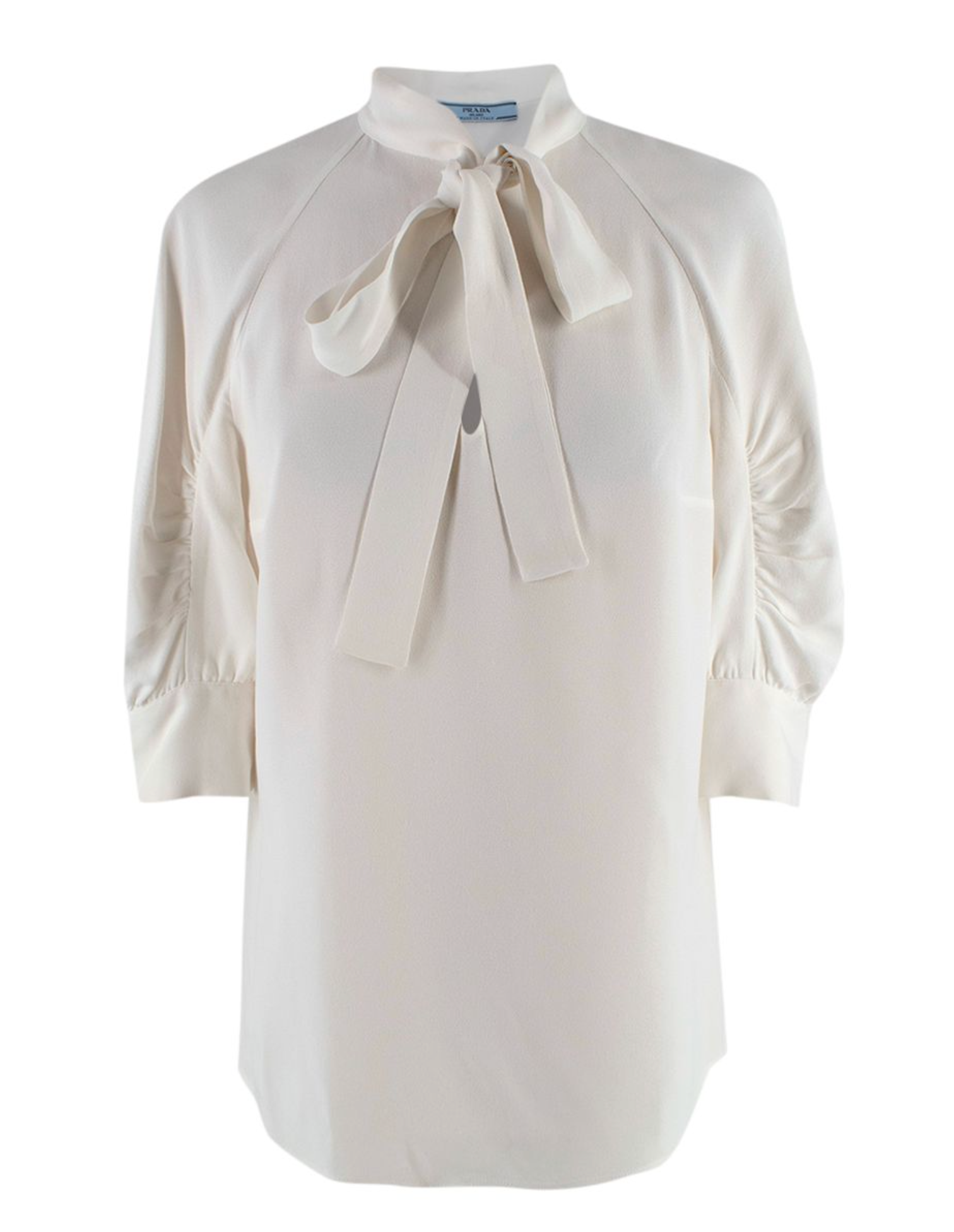 Preowned Prada V-Neck Ruched Sleeve Pussybow Blouse Size S White cotton