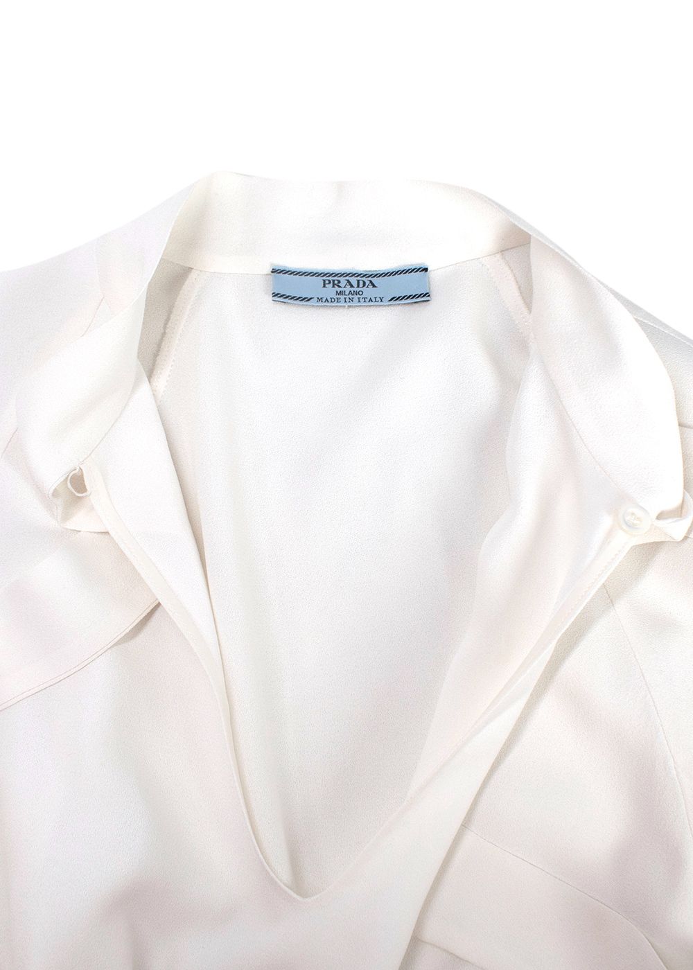 Preowned Prada V-Neck Ruched Sleeve Pussybow Blouse Size S White cotton