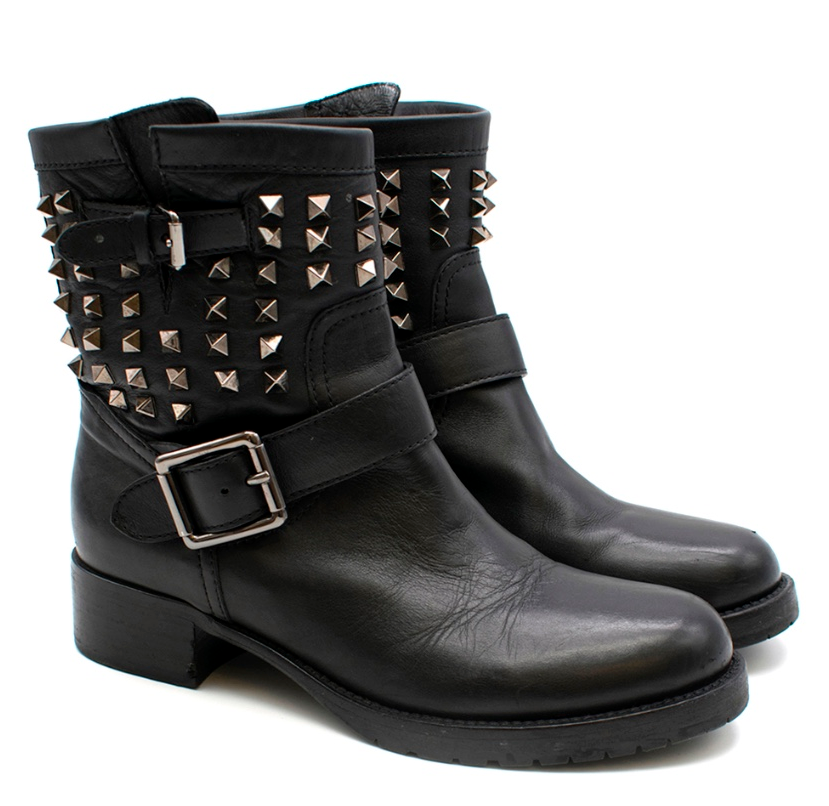 Preowned Valentino Black Leather Rockstud Biker Boot Size 37