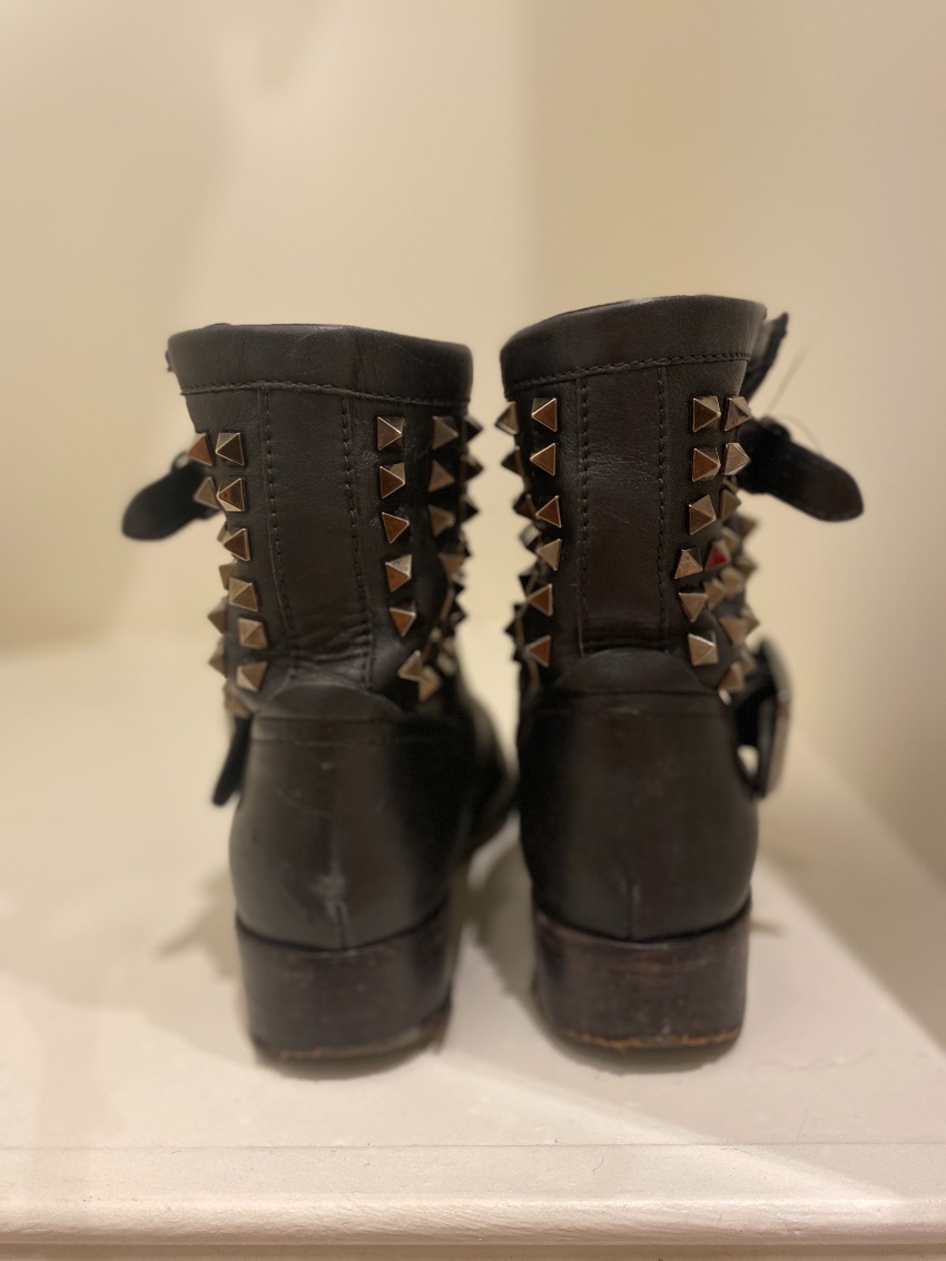 Preowned Valentino Black Leather Rockstud Biker Boot Size 37