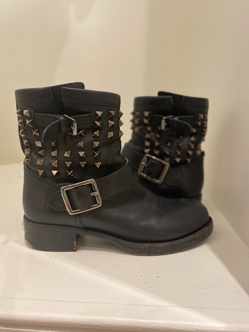 Preowned Valentino Black Leather Rockstud Biker Boot Size 37