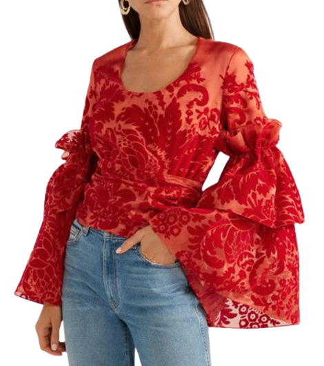 Rosie Assoulin Red Flocked Silk Organza Top Size M