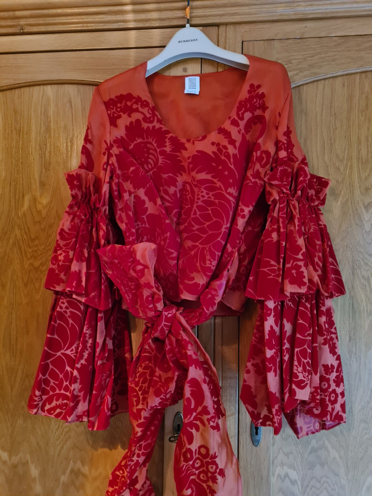 Rosie Assoulin Red Flocked Silk Organza Top Size M