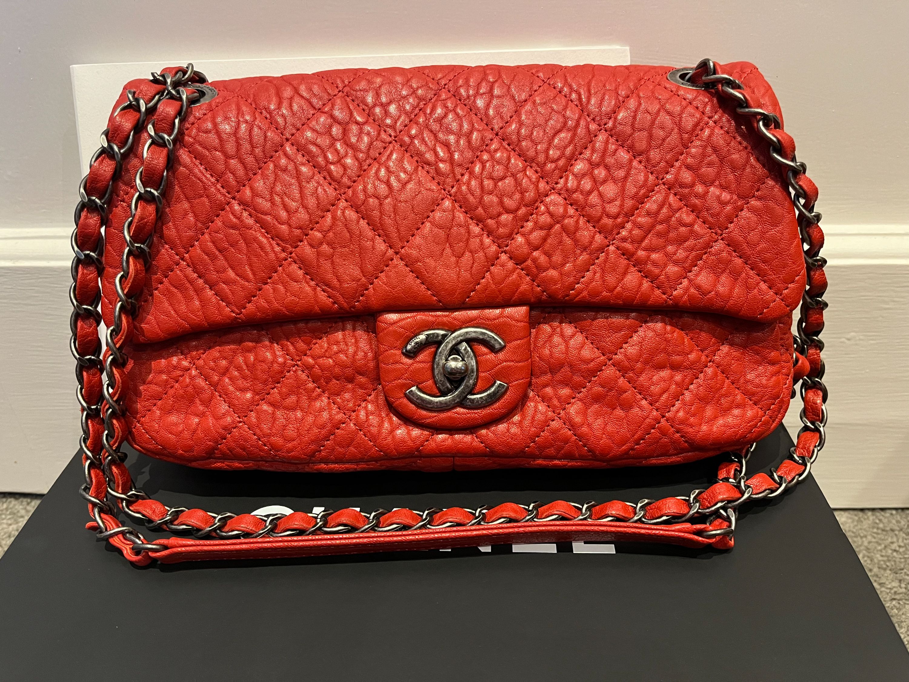 Chanel Red Aged Calfskin Single Flap Bag leather