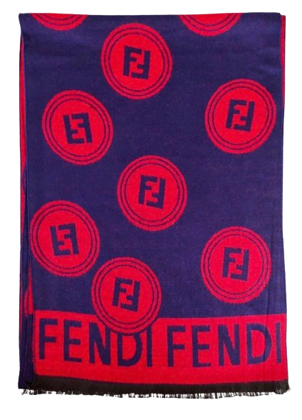 Fendi Navy and Red  Monogram Merino Wool Scarf Size L Navy/red