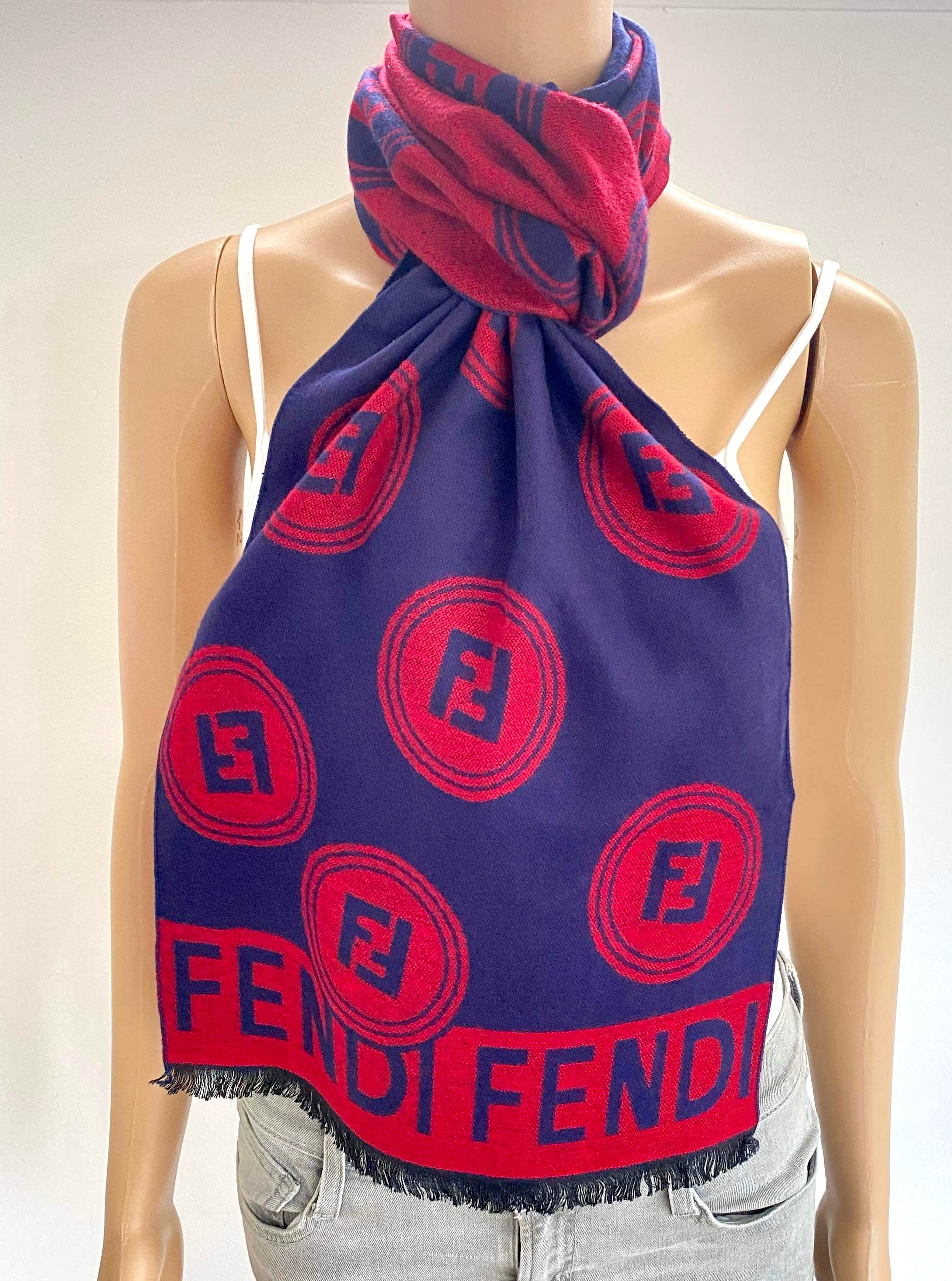 Fendi Navy and Red  Monogram Merino Wool Scarf Size L Navy/red