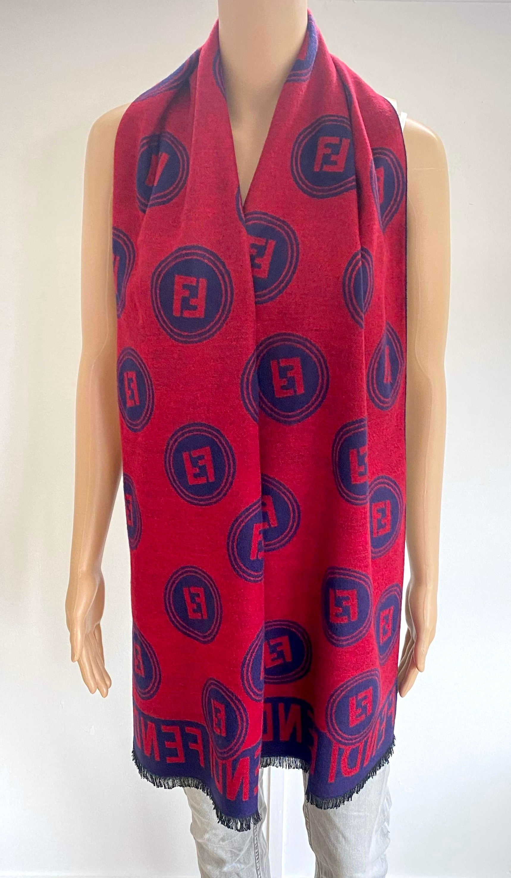 Fendi Navy and Red  Monogram Merino Wool Scarf Size L Navy/red