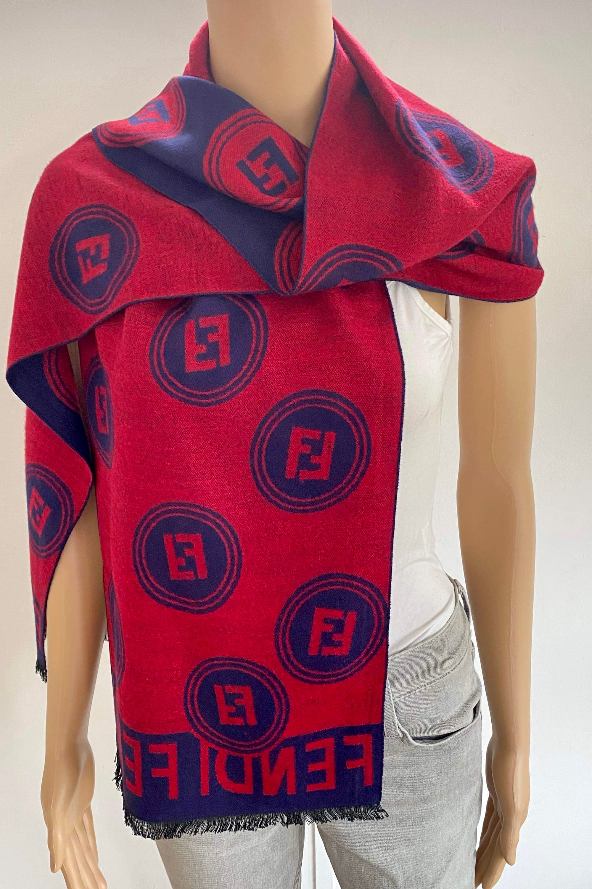 Fendi Navy and Red  Monogram Merino Wool Scarf Size L Navy/red