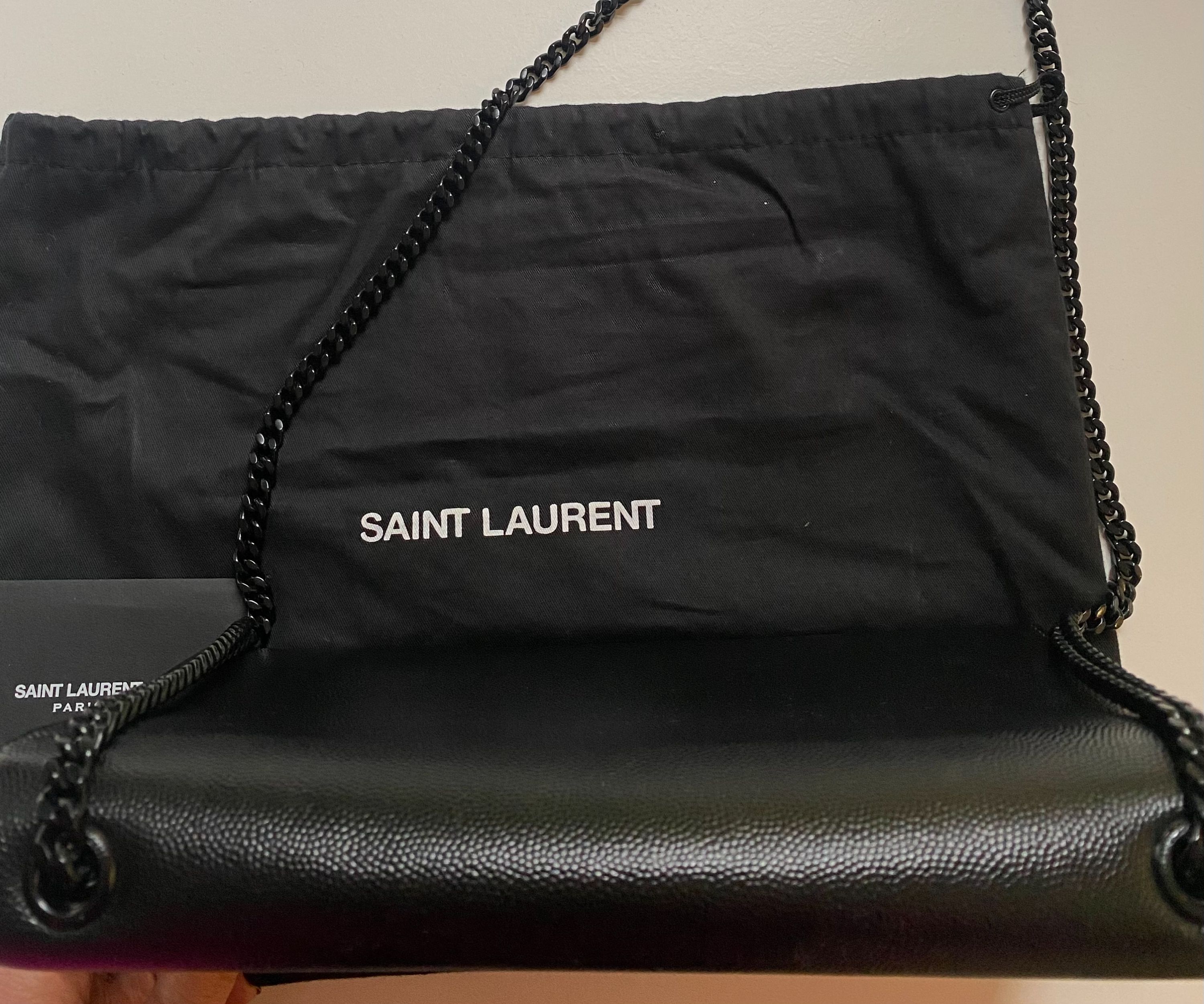 Preowned Saint Laurent Grain De Poudre Medium Kate Bag Black with black metal work leather