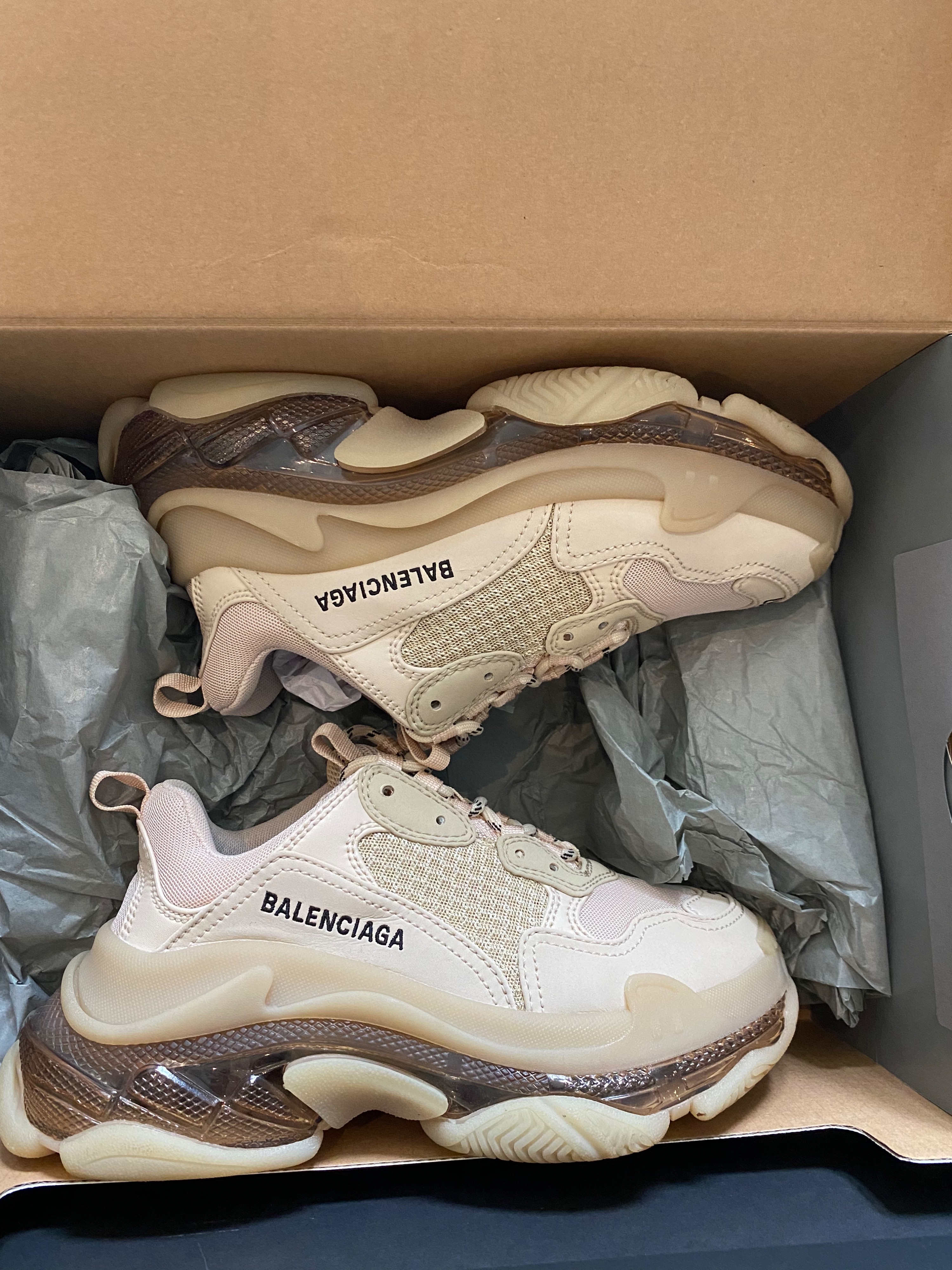 Preowned Balenciaga beige leather  mesh Triple S Clear Sole trainers Size 37 faux leather/faux nubuck/mesh