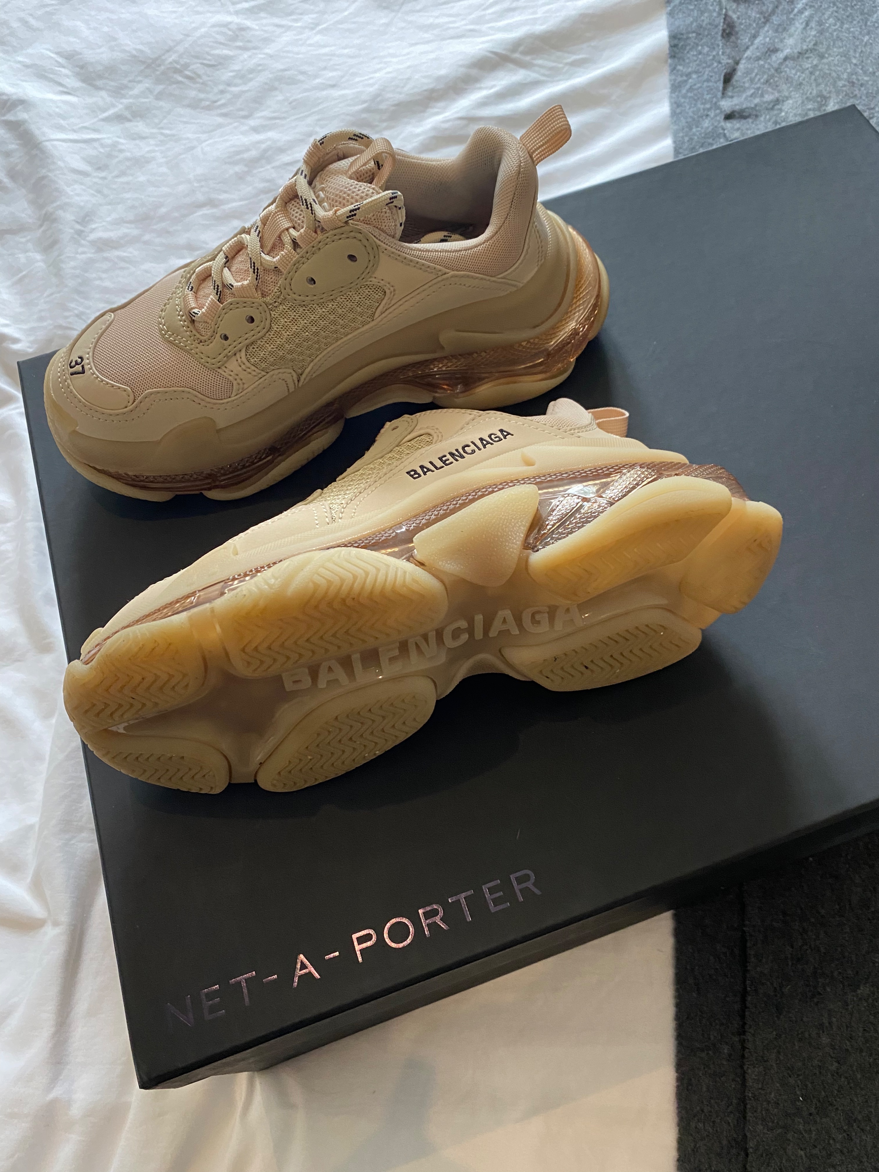 Preowned Balenciaga beige leather  mesh Triple S Clear Sole trainers Size 37 faux leather/faux nubuck/mesh