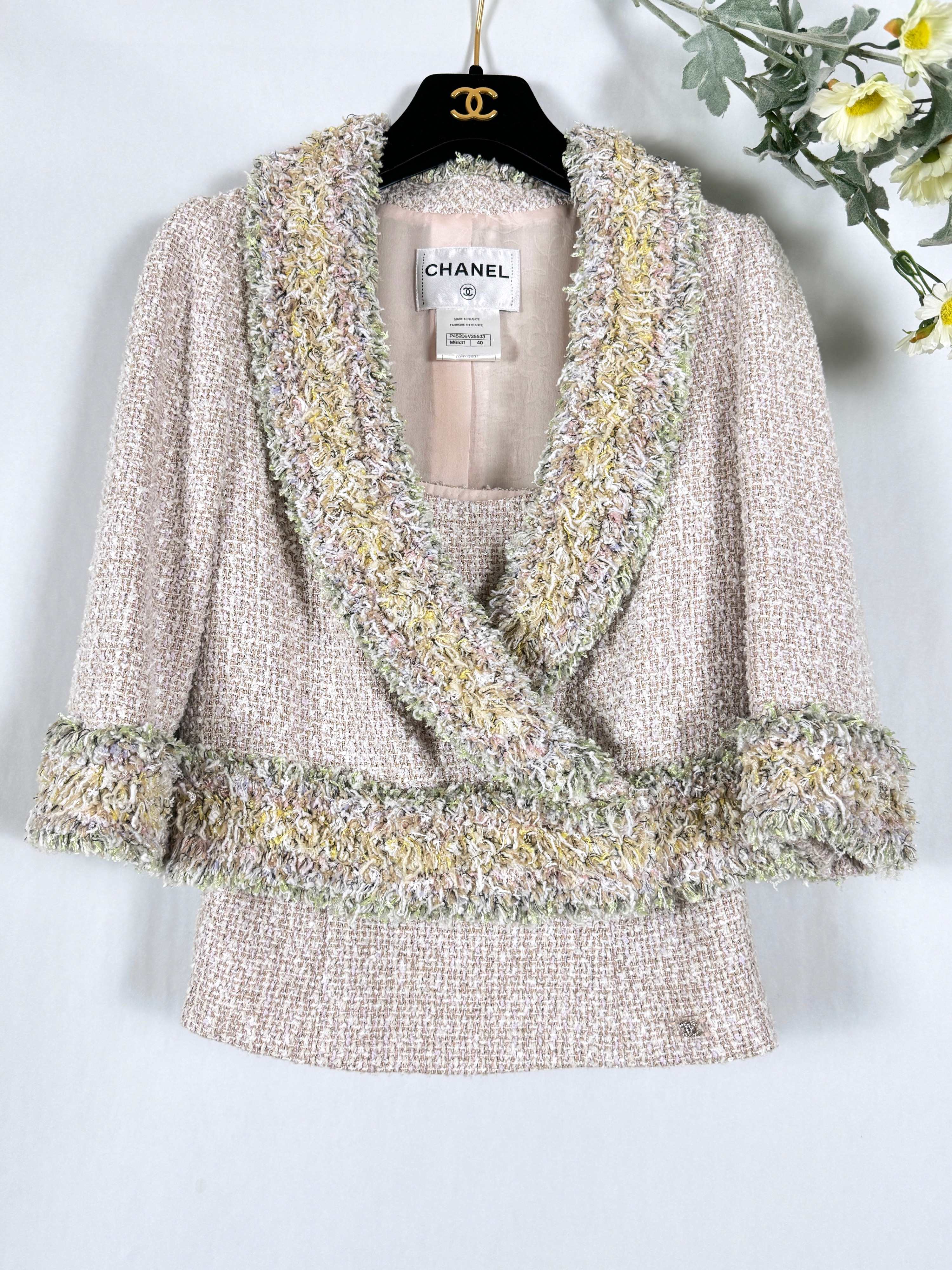 Chanel Lesage Tweed Jacket and Top Suit Size M pastels