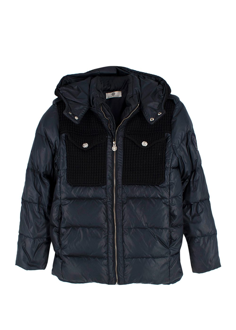 Boys Preowned Young Versace Navy Puffer Jacket with Knit Panelling Size 10 Years + navy black polyester