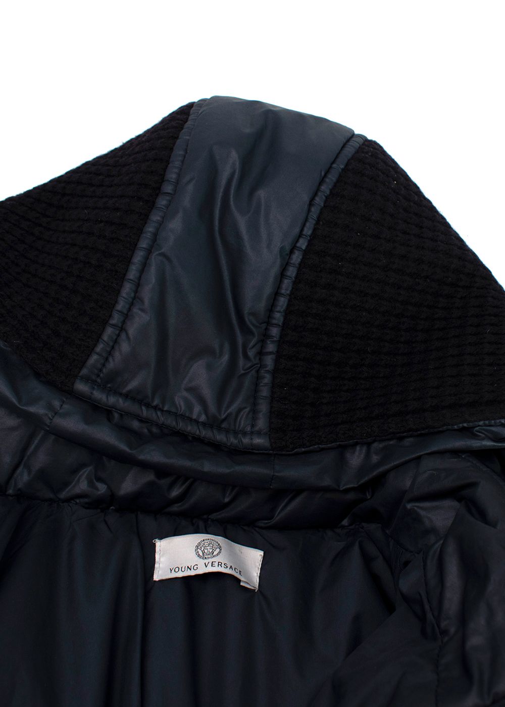 Boys Preowned Young Versace Navy Puffer Jacket with Knit Panelling Size 10 Years + navy black polyester