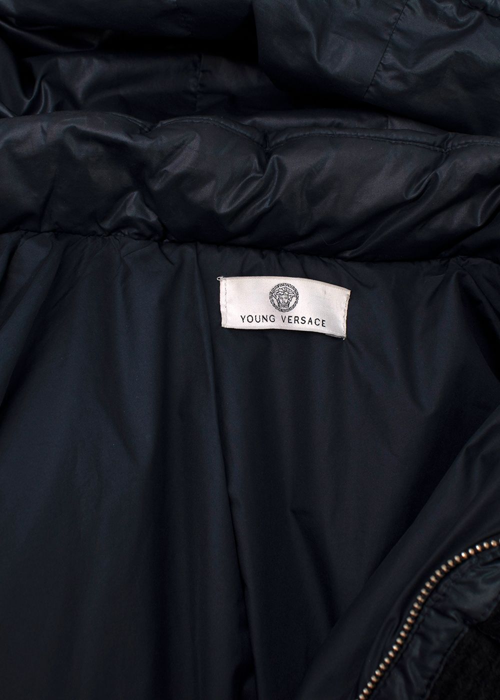 Boys Preowned Young Versace Navy Puffer Jacket with Knit Panelling Size 10 Years + navy black polyester