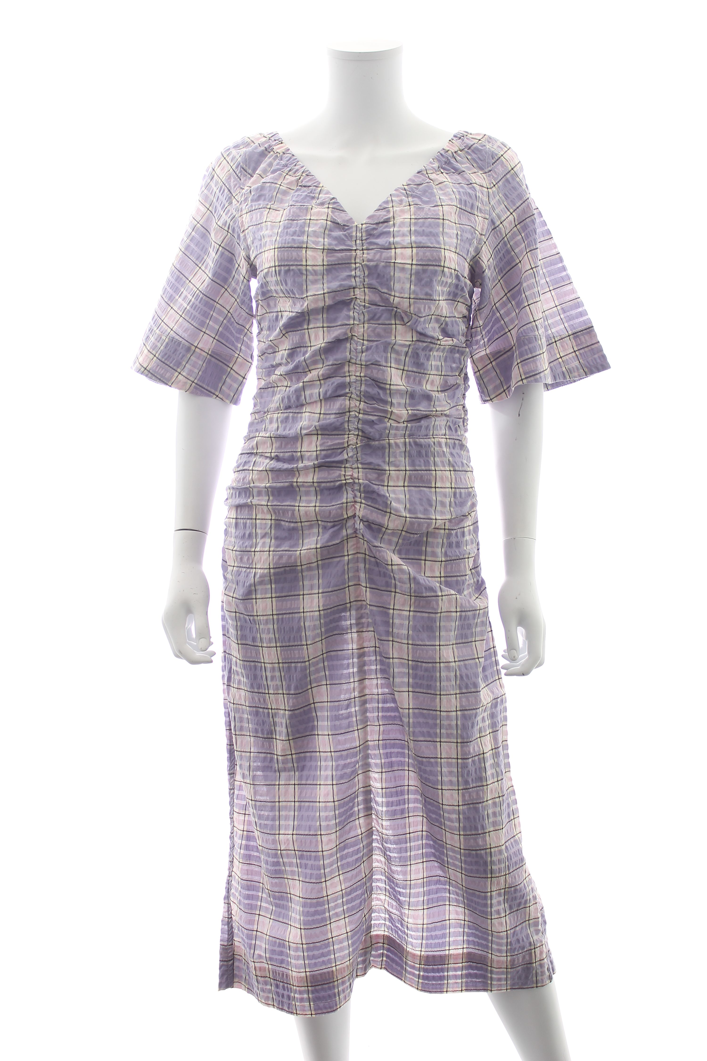 Preowned Ganni Checked Seersucker Ruched Midi Dress Size M Purple cotton/polyester/polyamide