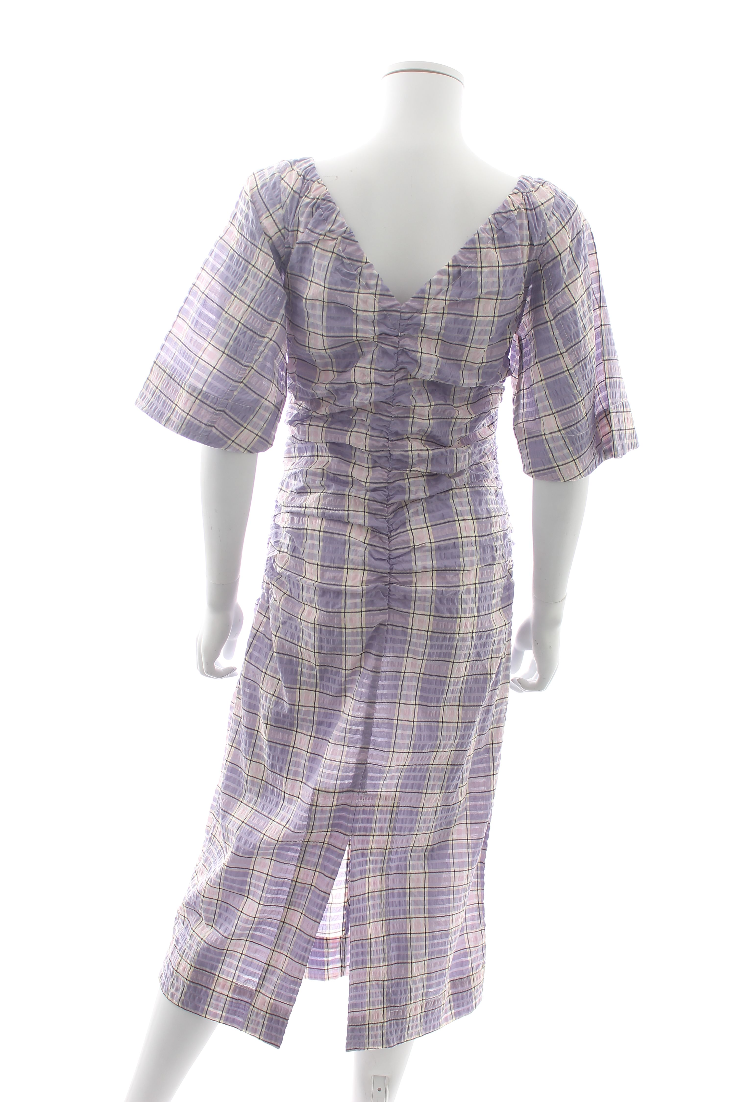 Preowned Ganni Checked Seersucker Ruched Midi Dress Size M Purple cotton/polyester/polyamide