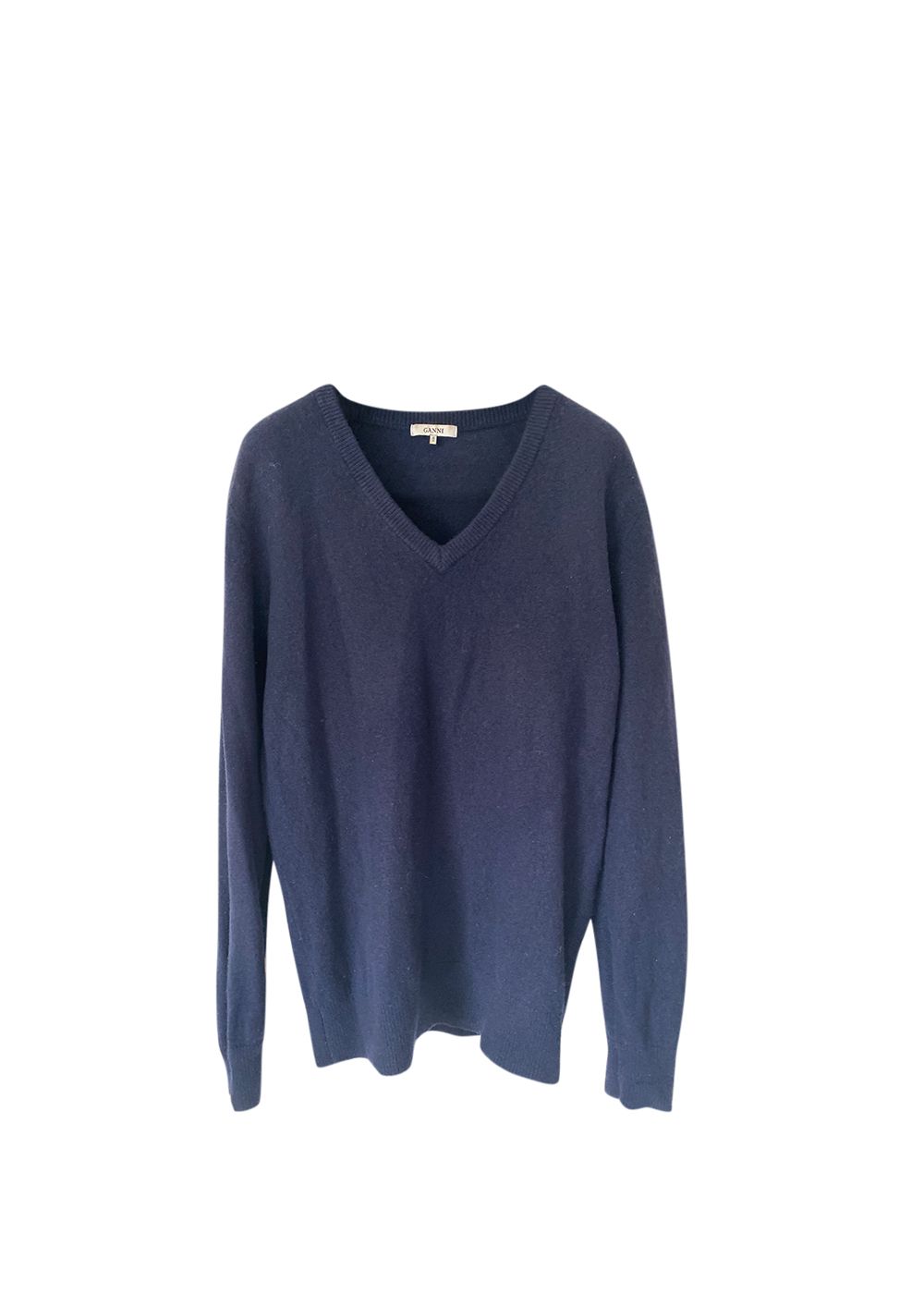 Preowned Ganni Blue V-Neck Wool Jumper Size L