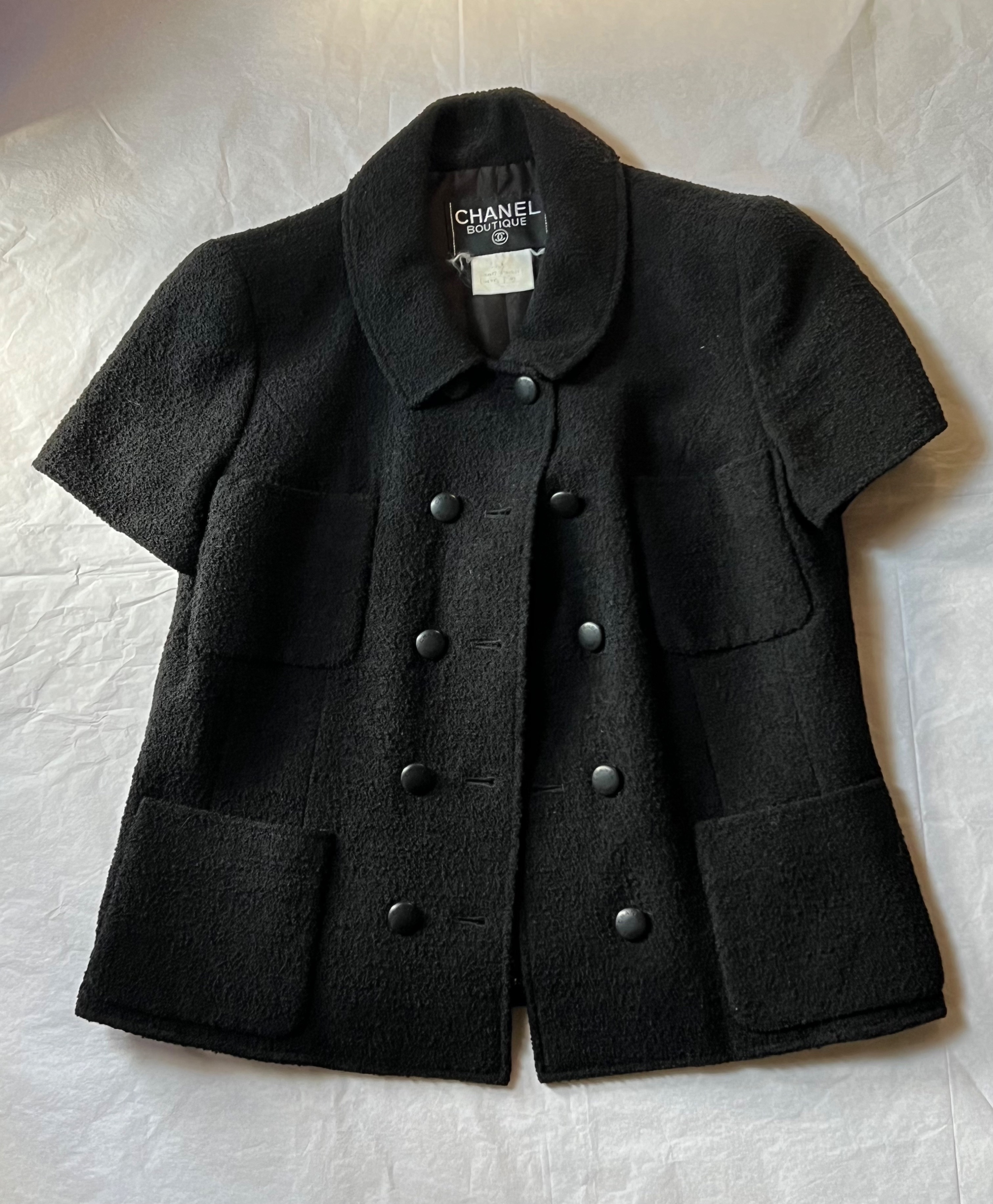 Preowned Chanel Vintage Black Short Sleeve Tweed Jacket Size M wool