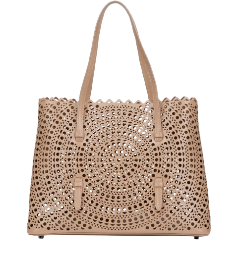 Alaia Mina 32 Laser-Cut Calfskin Leather Tote Bag Nude