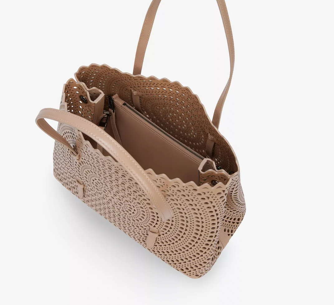 Alaia Mina 32 Laser-Cut Calfskin Leather Tote Bag Nude