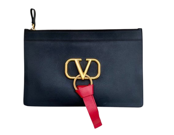 Preowned Valentino Black Leather V-Logo Clutch