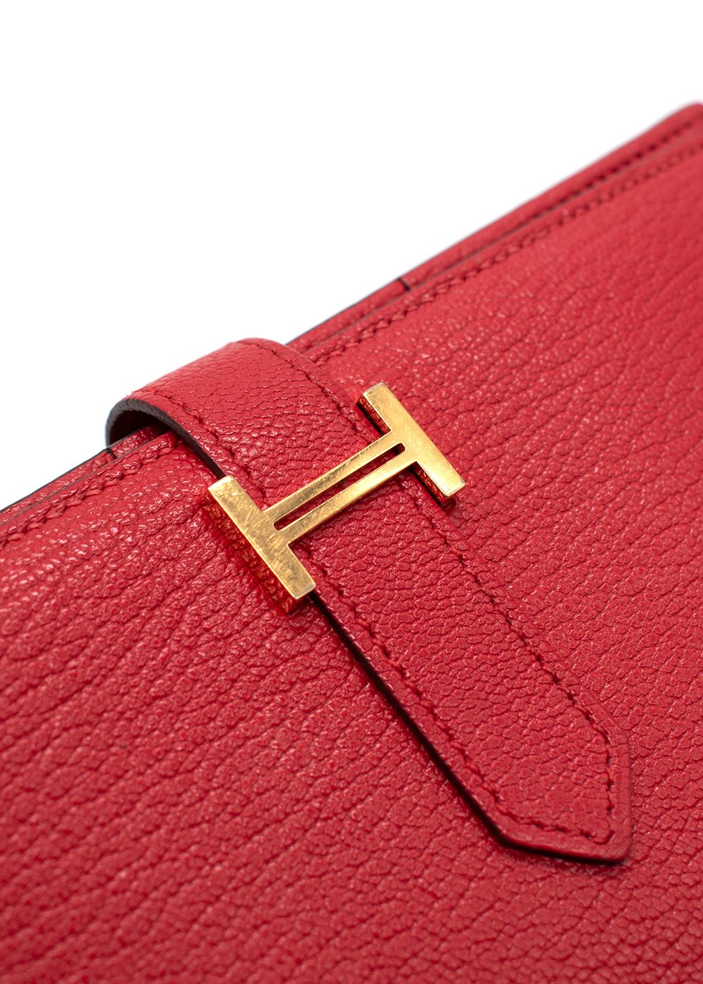 Preowned Hermes Red Chevre Leather Bearn Wallet with Gold Hardware