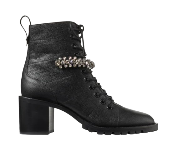 Jimmy Choo Black Grained Leather Crystal Embellished Combat Boots Size 39