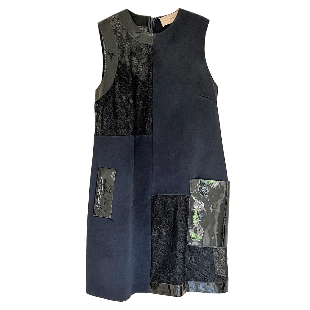 Preowned Christopher Kane Colour Block Lace  Leather Panelled Sleeveless Dress Size M Blue