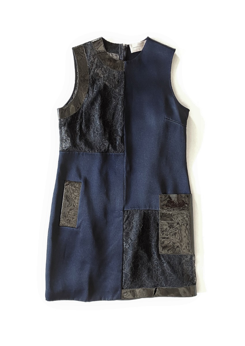 Preowned Christopher Kane Colour Block Lace  Leather Panelled Sleeveless Dress Size M Blue