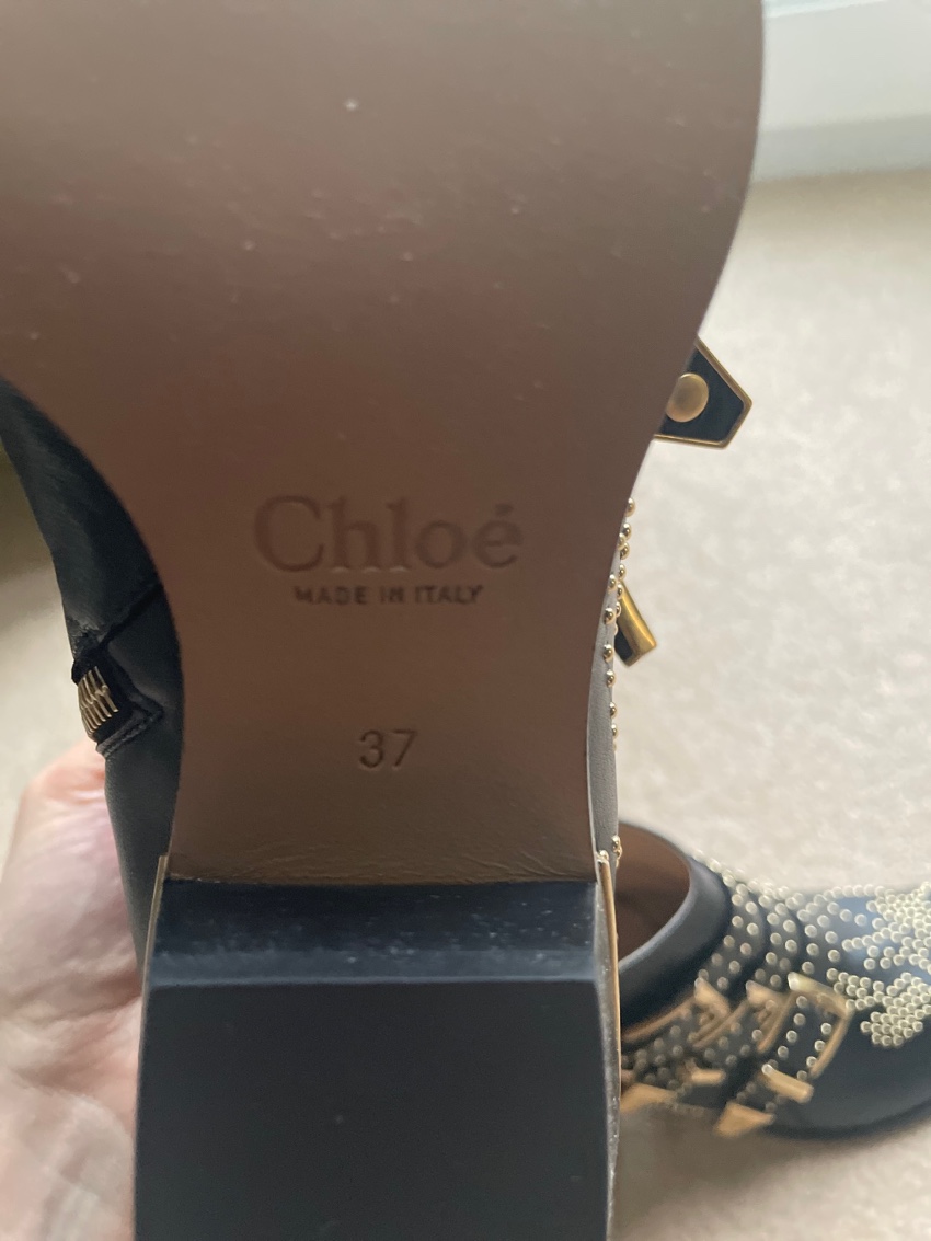 Chloe Black Leather Susanna Gold-Tone Studded Ankle Boots Size 37