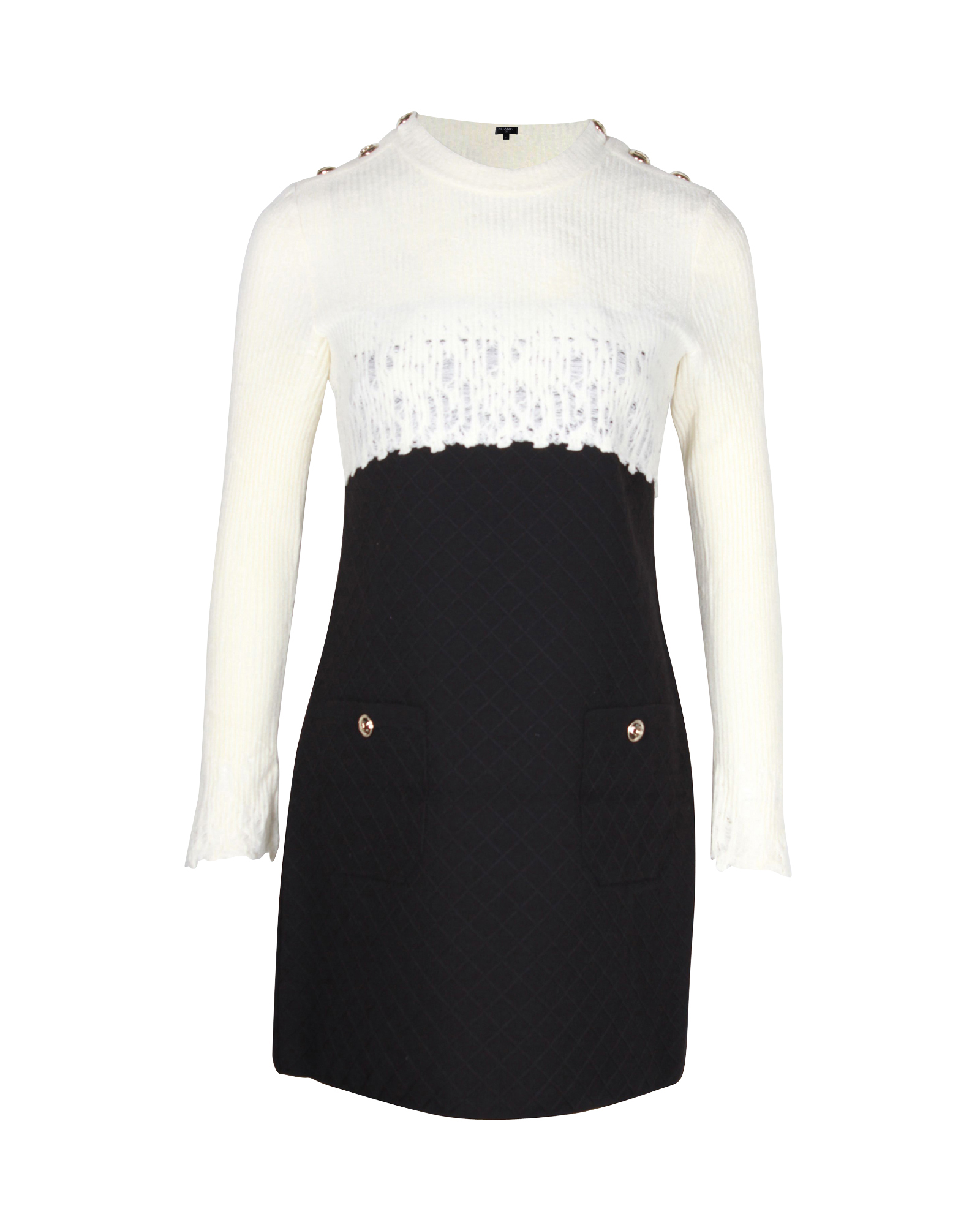 Chanel Black and Cream Colorblock Wool Mini Dress Size XXS