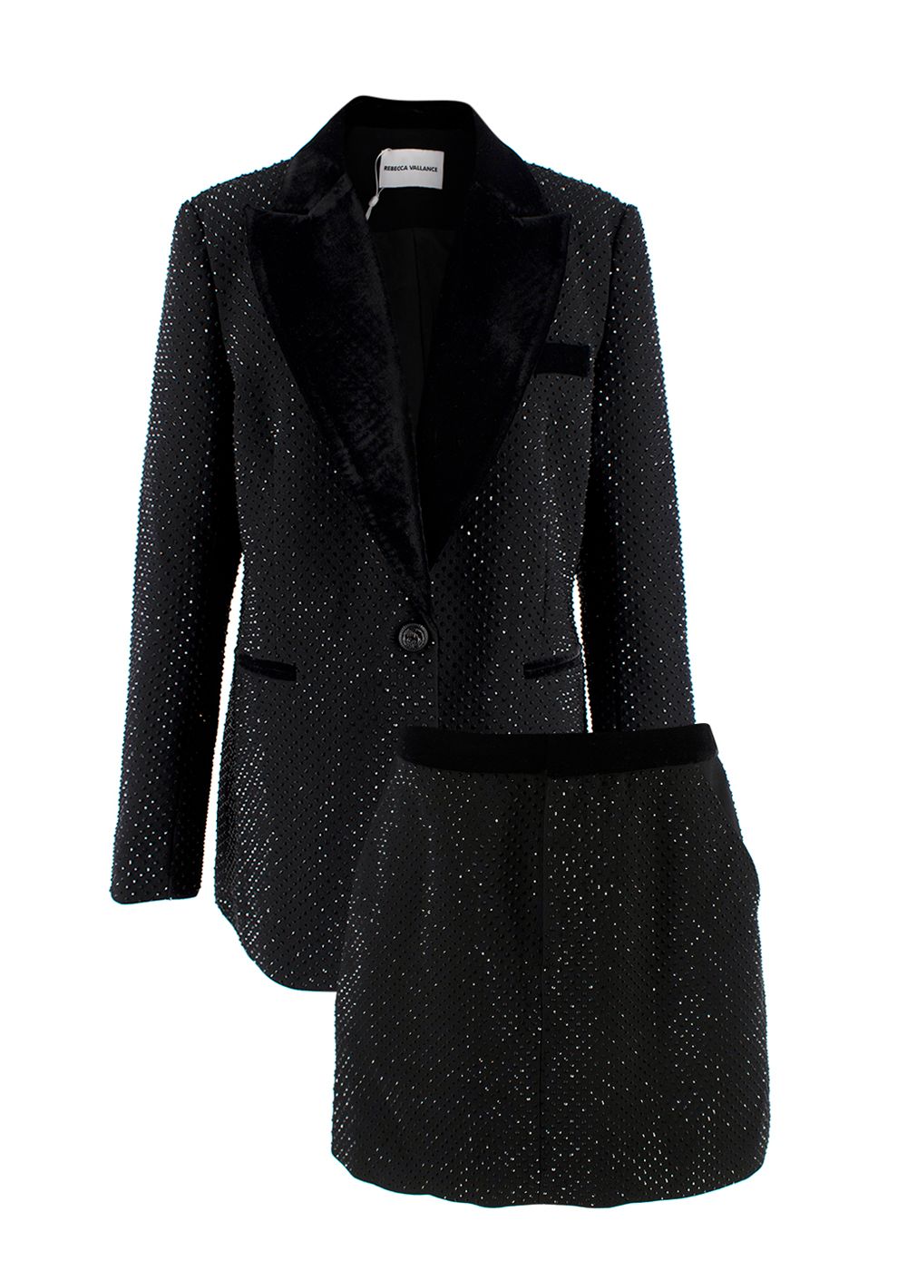 Rebecca Vallance Black Priscilla Velvet-Trimmed Crystal-Embellished Blazer and Skirt Set Size M polyester