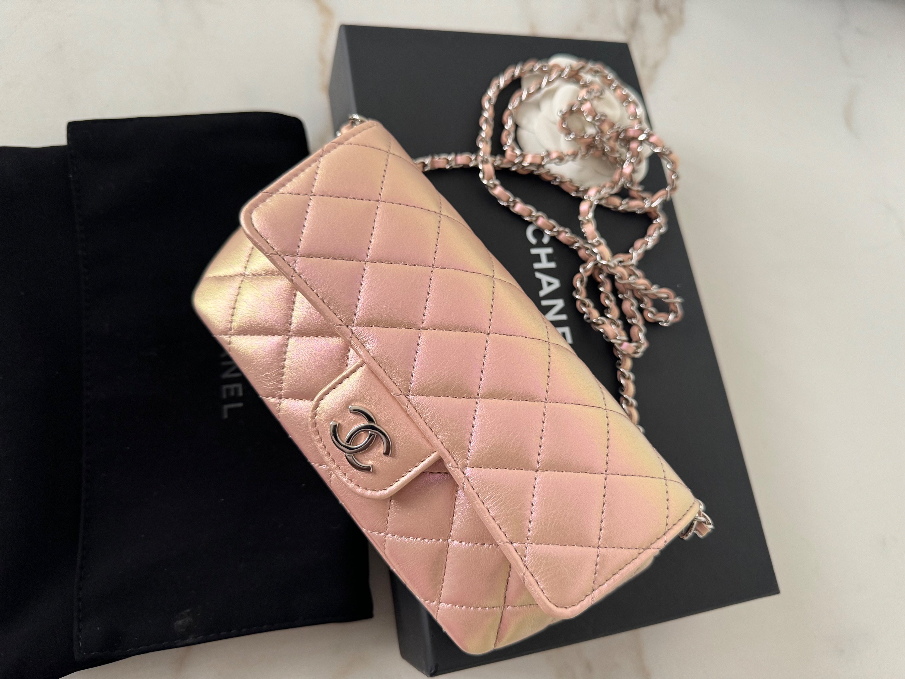 Preowned Chanel Pink Iridescent Mini Flap leather