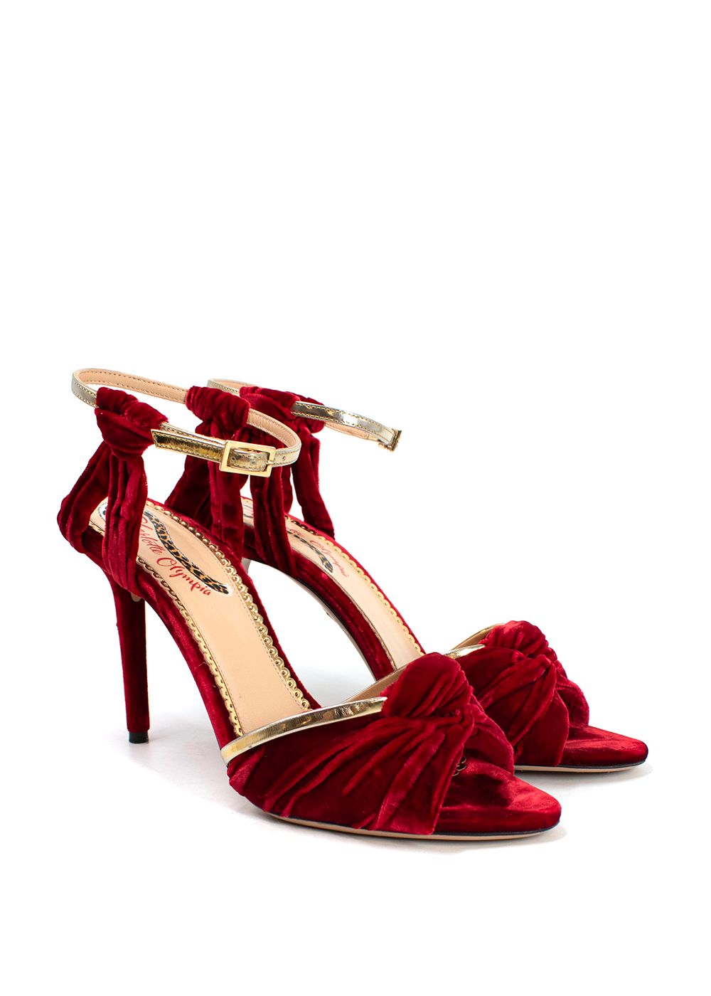 Preowned Charlotte Olympia Cherry Red Velvet Heeled Sandal with Gold Detail Size 39 red gold