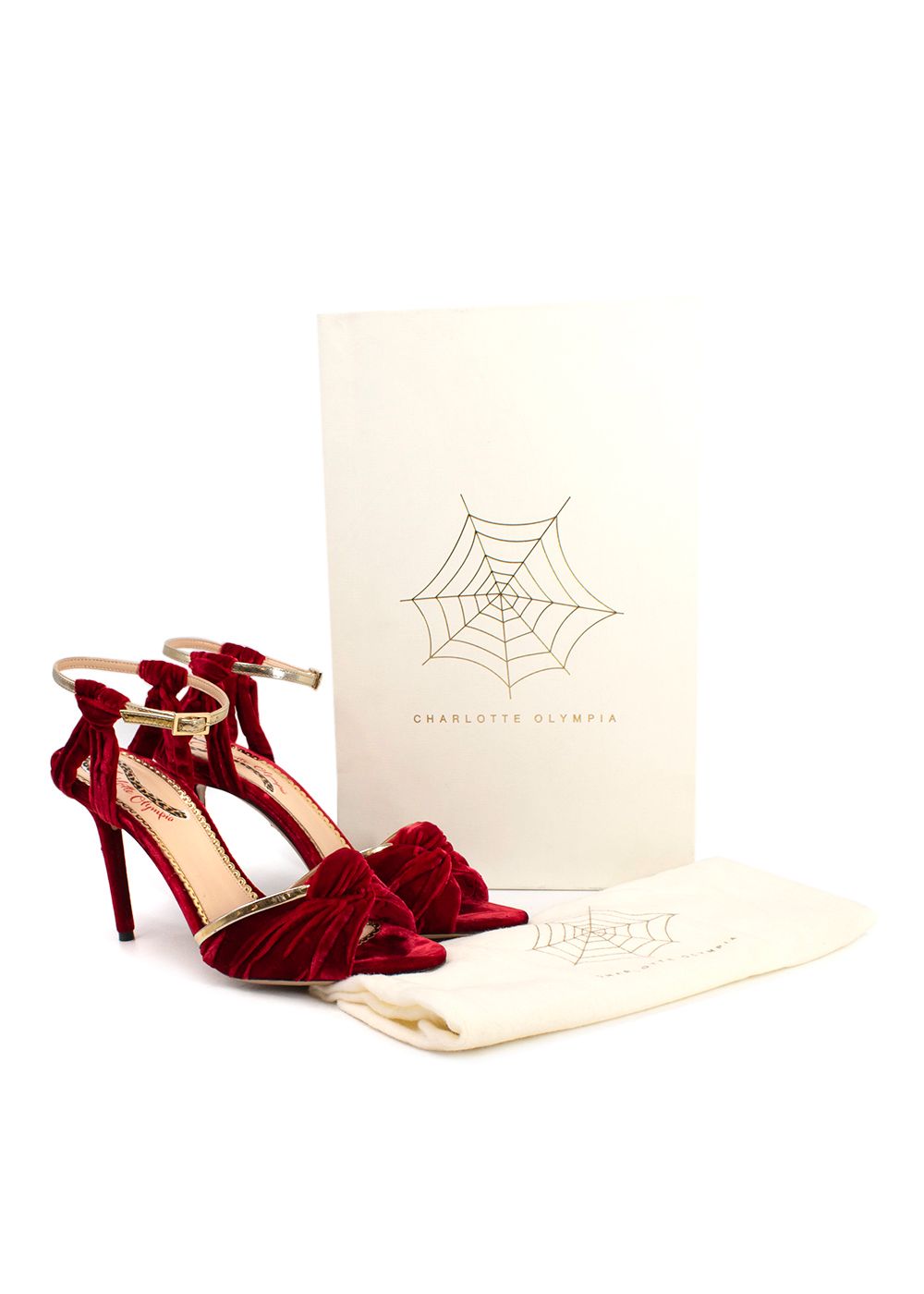 Preowned Charlotte Olympia Cherry Red Velvet Heeled Sandal with Gold Detail Size 39 red gold