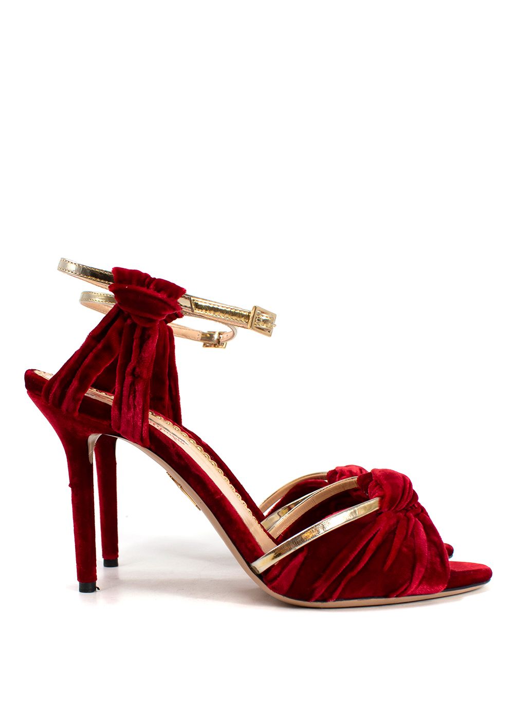 Preowned Charlotte Olympia Cherry Red Velvet Heeled Sandal with Gold Detail Size 39 red gold