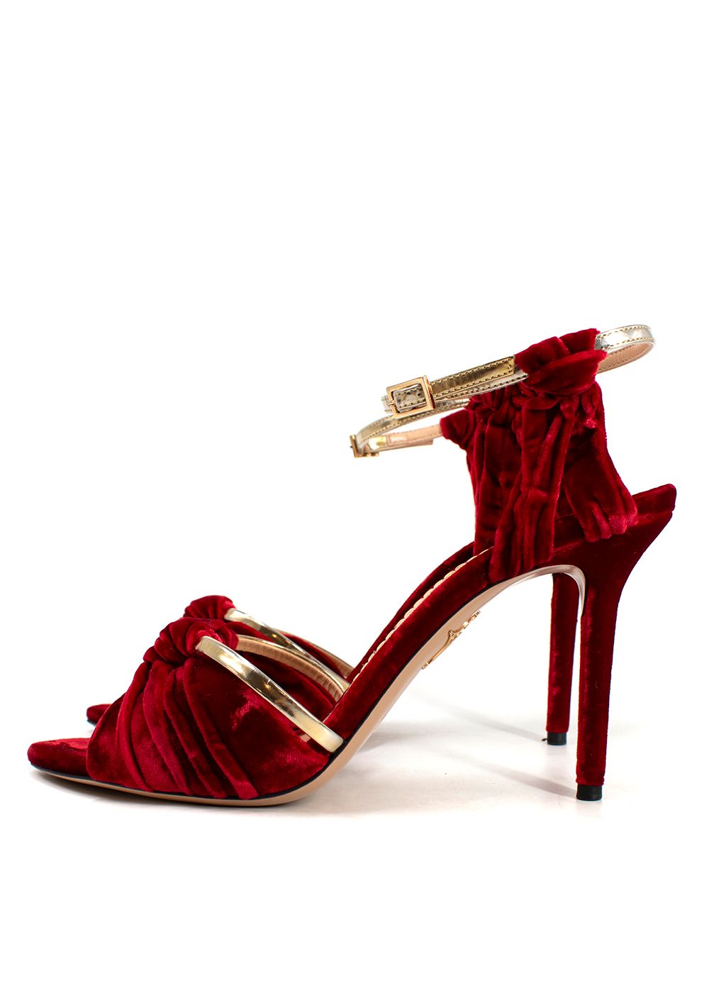 Preowned Charlotte Olympia Cherry Red Velvet Heeled Sandal with Gold Detail Size 39 red gold