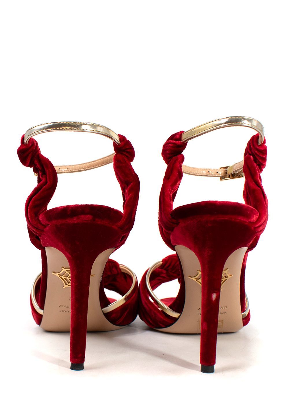 Preowned Charlotte Olympia Cherry Red Velvet Heeled Sandal with Gold Detail Size 39 red gold