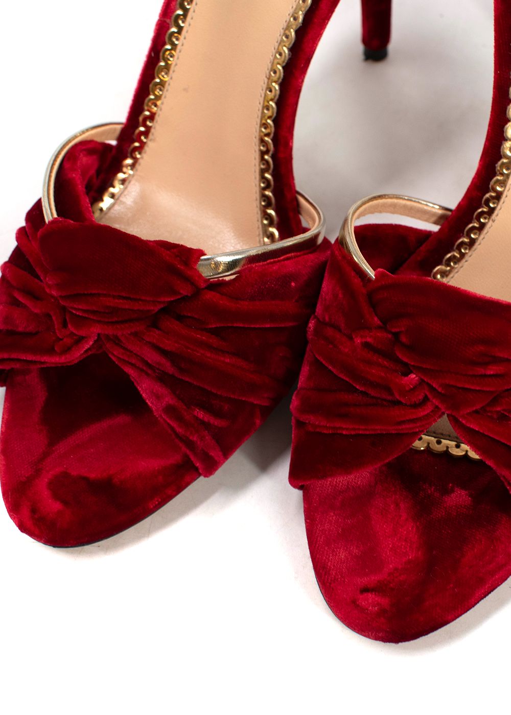 Preowned Charlotte Olympia Cherry Red Velvet Heeled Sandal with Gold Detail Size 39 red gold