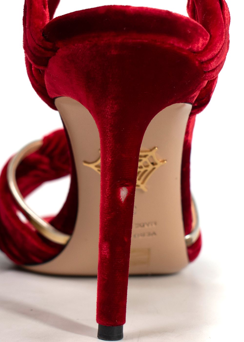 Preowned Charlotte Olympia Cherry Red Velvet Heeled Sandal with Gold Detail Size 39 red gold