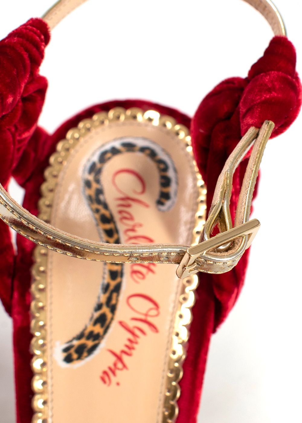 Preowned Charlotte Olympia Cherry Red Velvet Heeled Sandal with Gold Detail Size 39 red gold