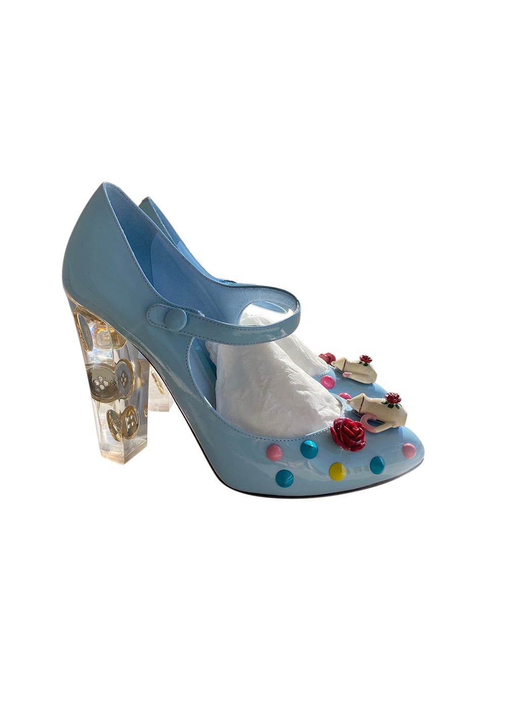 Preowned Dolce  Gabbana Blue leather teapot embellished block heeled pumps Size 385 Baby Blue