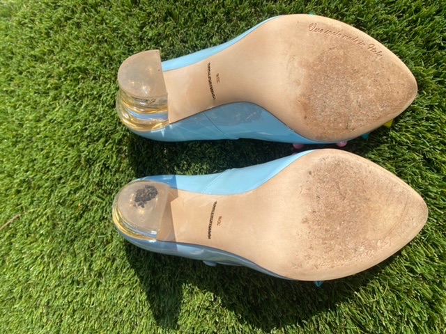 Preowned Dolce  Gabbana Blue leather teapot embellished block heeled pumps Size 385 Baby Blue