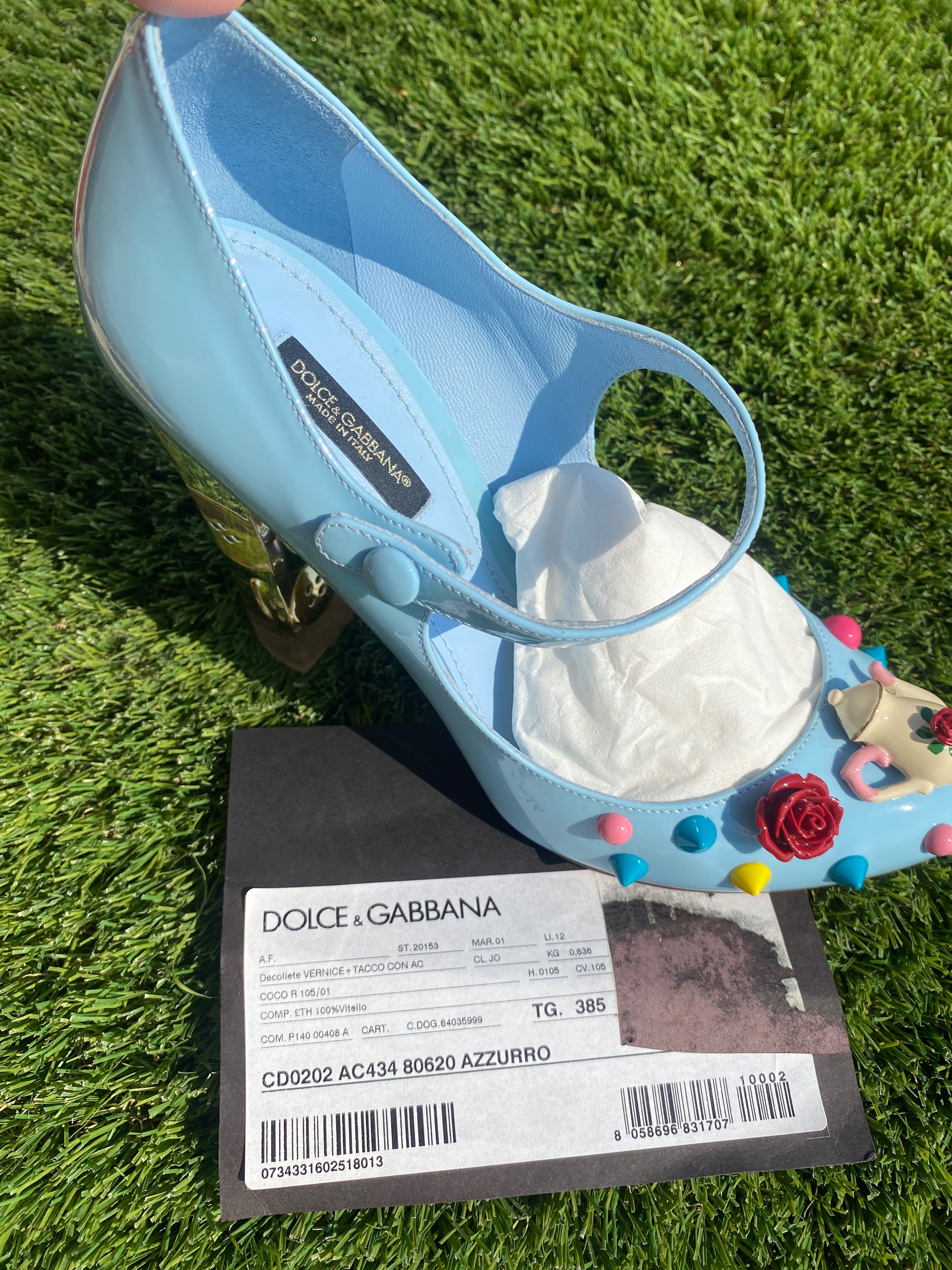 Preowned Dolce  Gabbana Blue leather teapot embellished block heeled pumps Size 385 Baby Blue